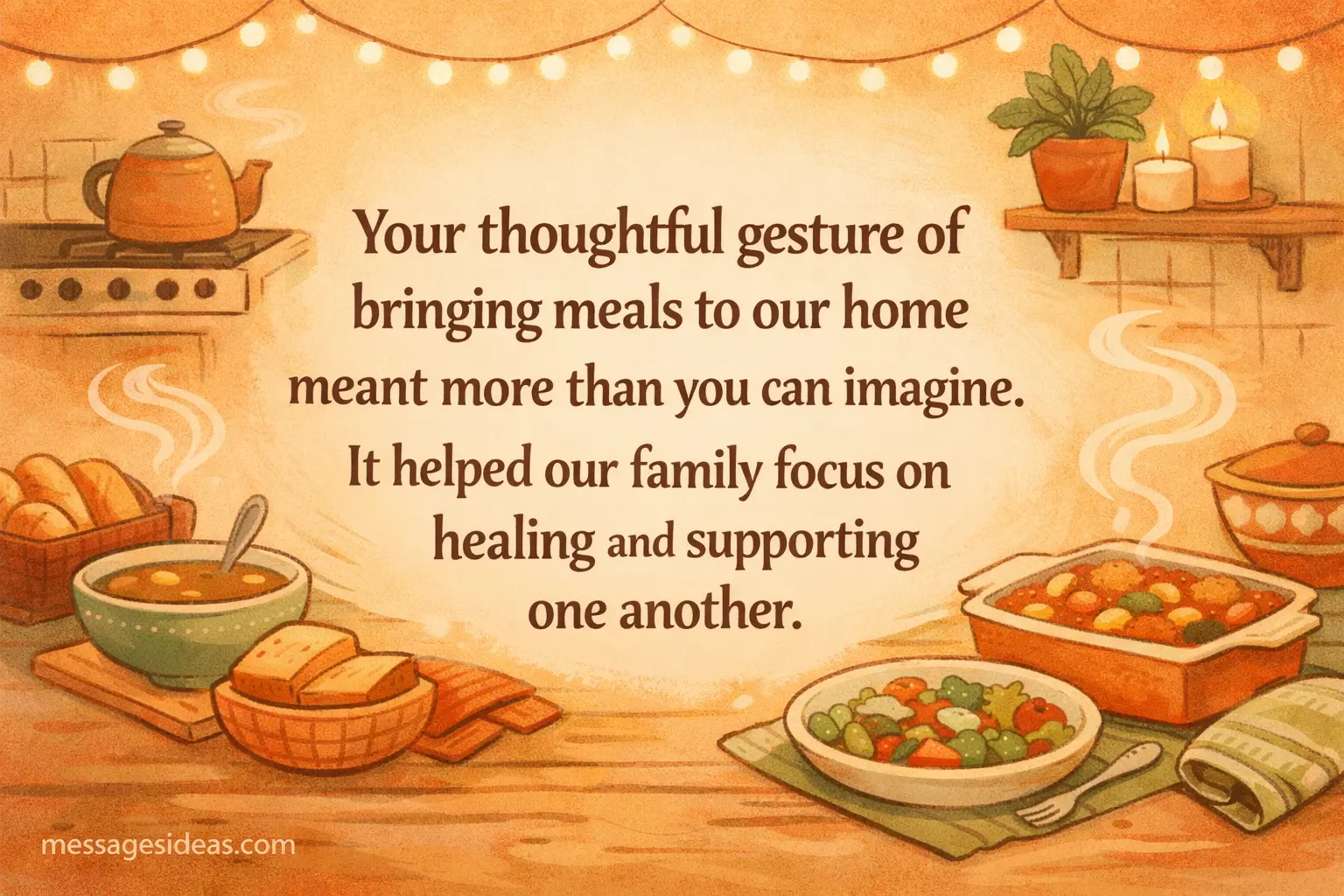 Cozy hand-drawn kitchen scene symbolizing care through meals and appreciation for thoughtful support during healing