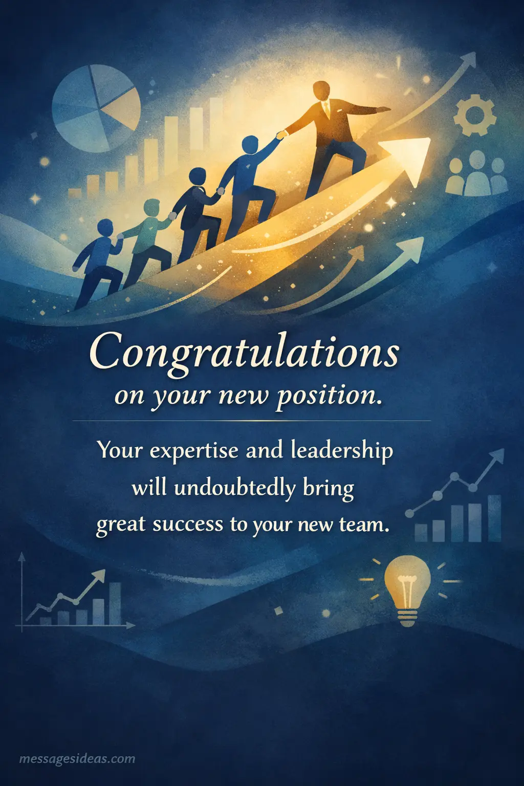 Professional abstract team leadership illustration with a detailed congratulatory message emphasizing expertise and new position success.