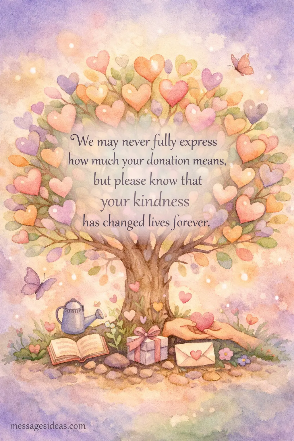 Watercolor illustration of a growing tree with heart-shaped leaves symbolizing life-changing kindness and a heartfelt donation thank you message