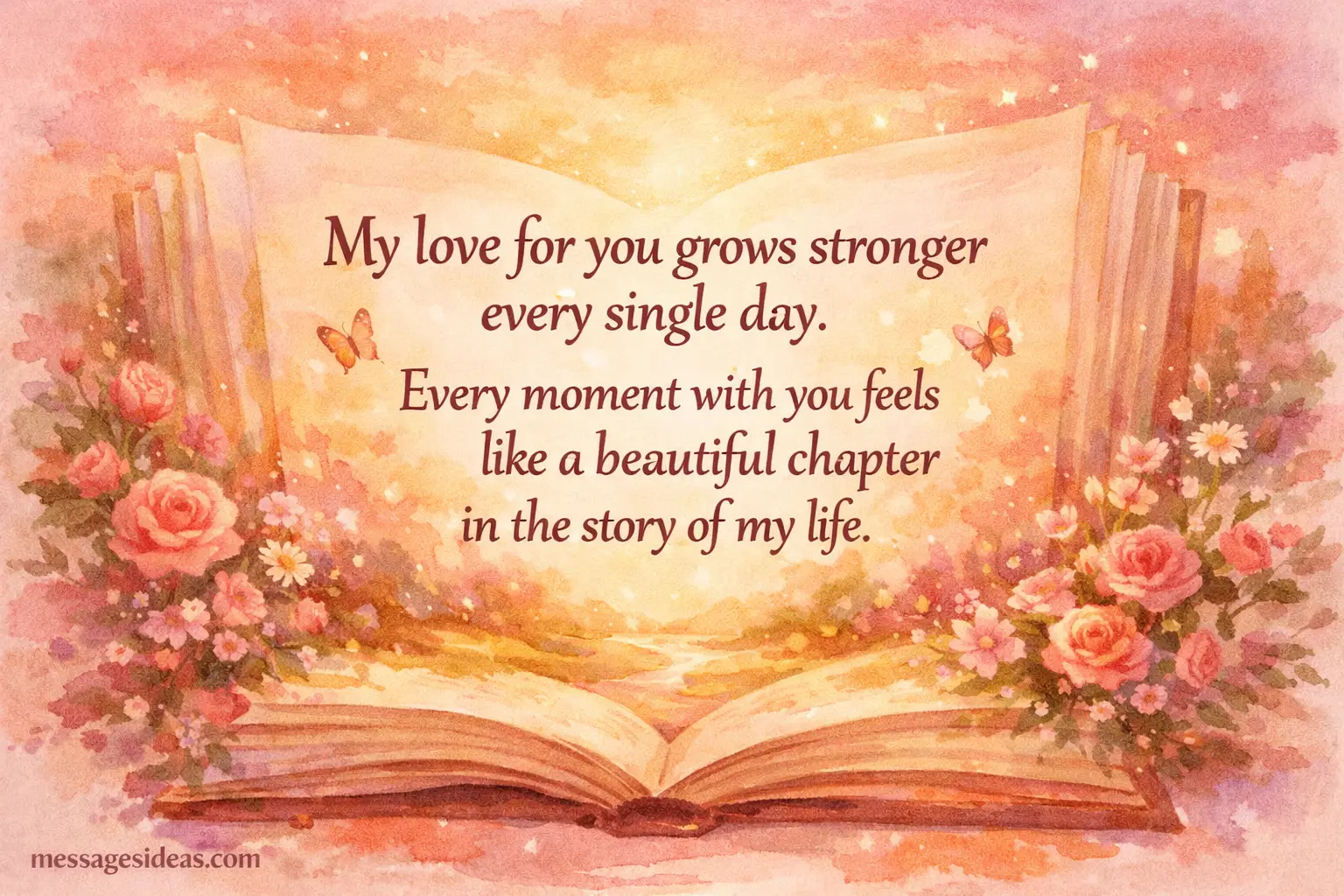 Romantic watercolor illustration of a love story theme with glowing pages and heartfelt quote about love growing stronger every day