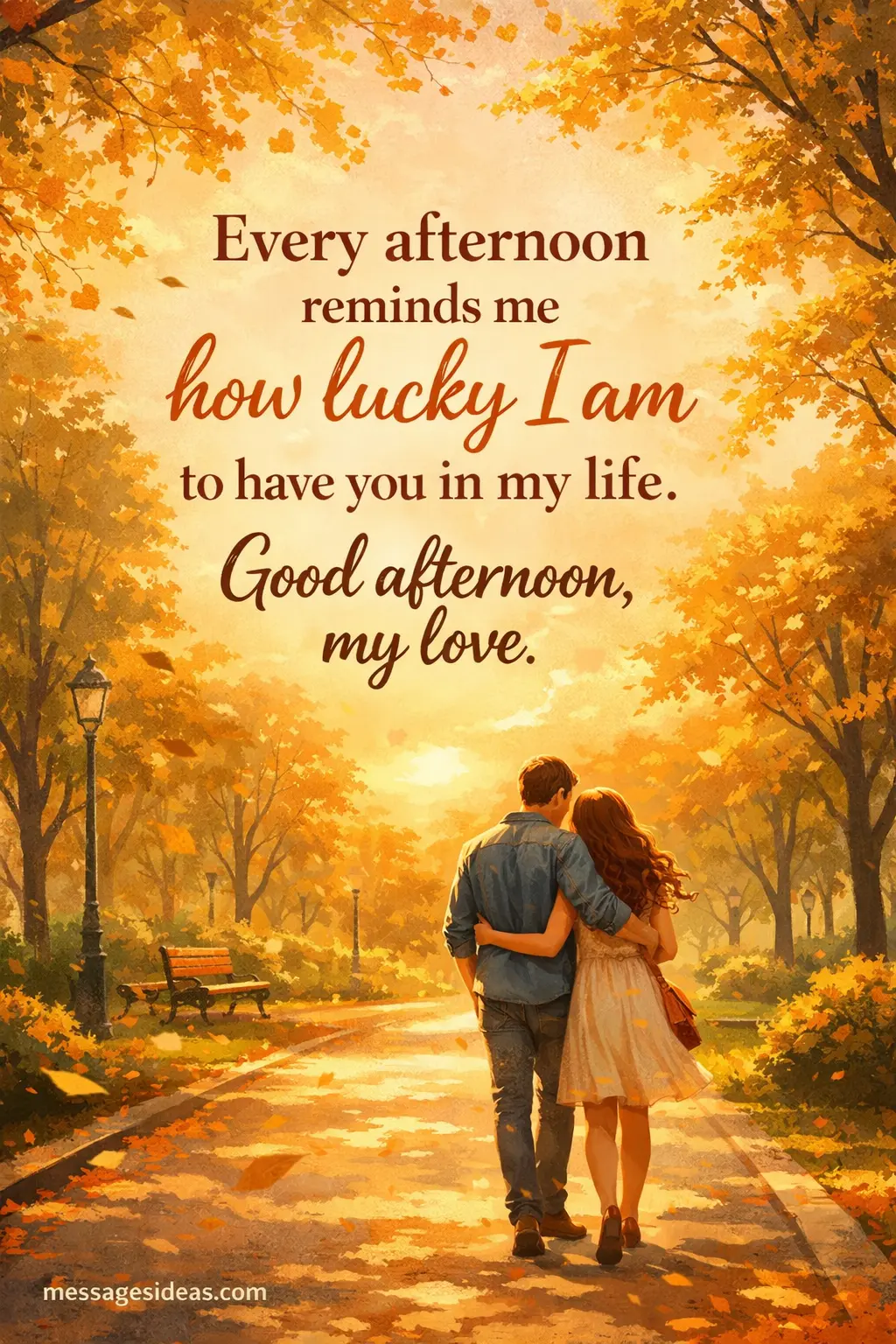Semi-realistic illustrated couple walking in a golden afternoon park with a loving quote about feeling lucky to have someone special in life.