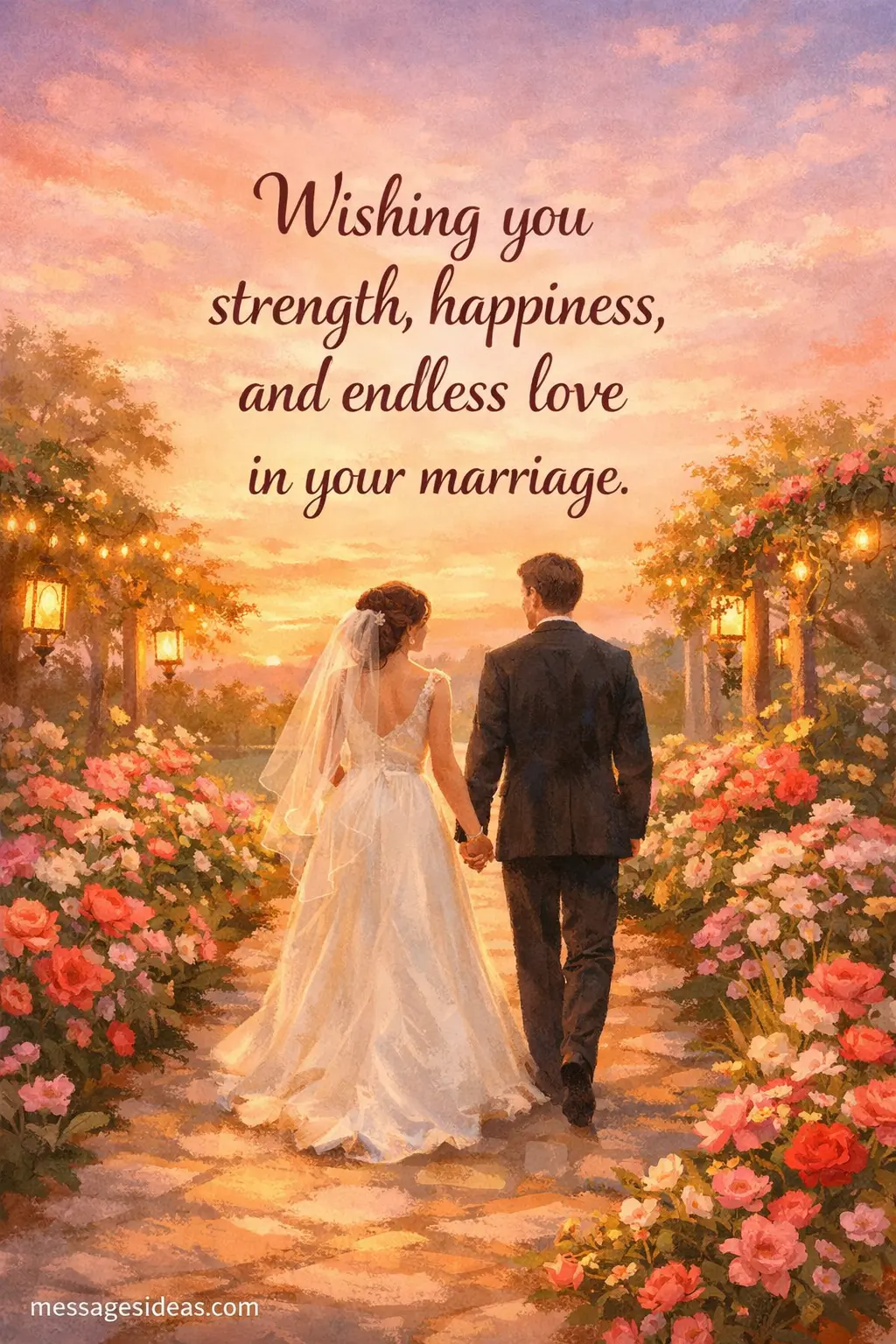 Illustrated wedding garden scene of a bride and groom walking together representing strength happiness and endless love in marriage.