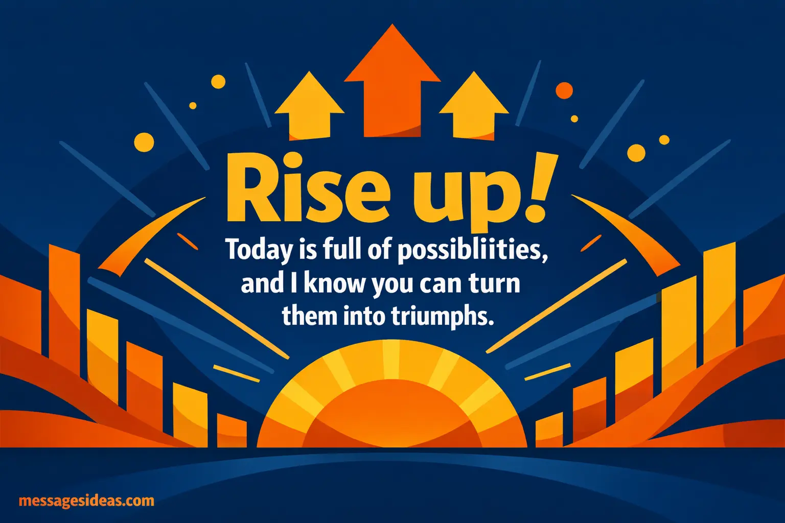 Minimal sunrise design with bold arrows symbolizing success and motivation paired with an inspiring message about possibilities and triumph.