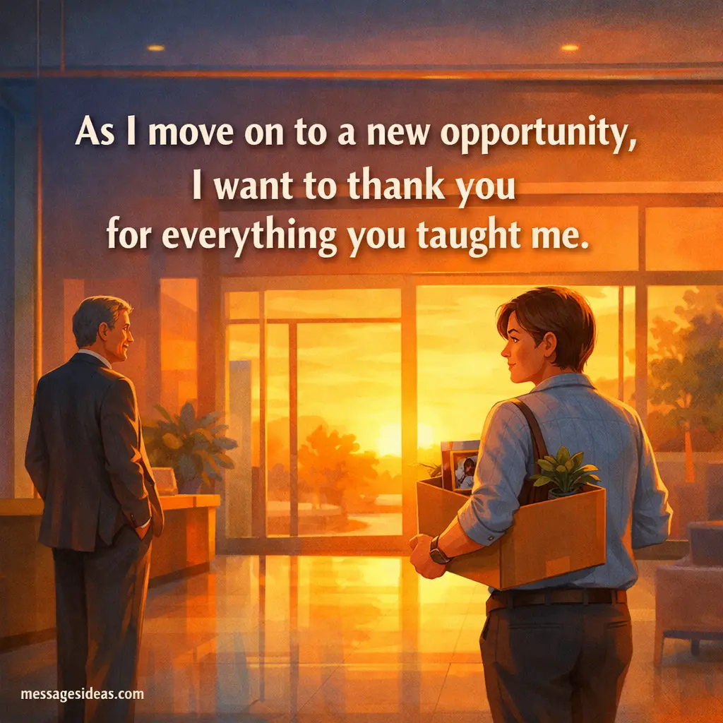 Illustrated farewell moment of an employee leaving the office with gratitude toward their boss, symbolizing career transition and appreciation for valuable lessons learned.