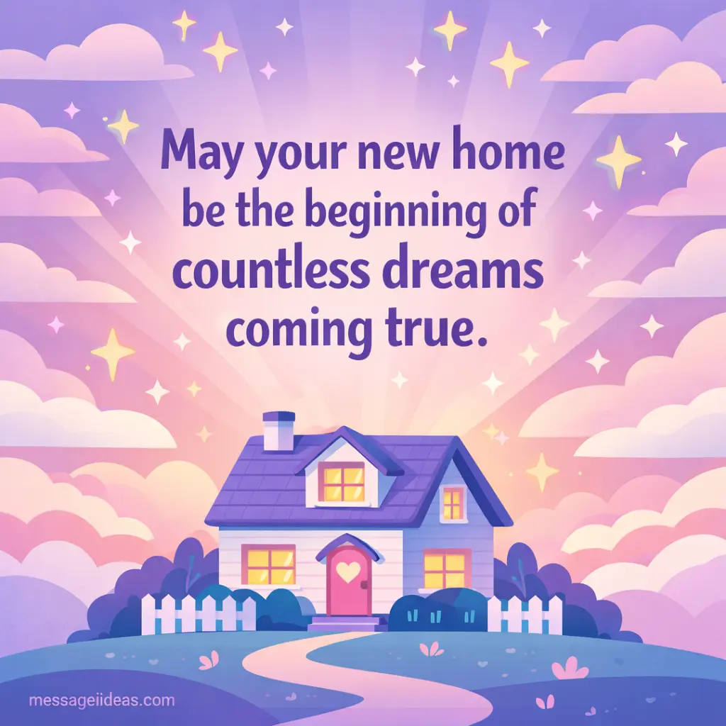 Whimsical illustrated house under a dreamy sky with stars and clouds highlighting a message about new beginnings and dreams coming true in a new home