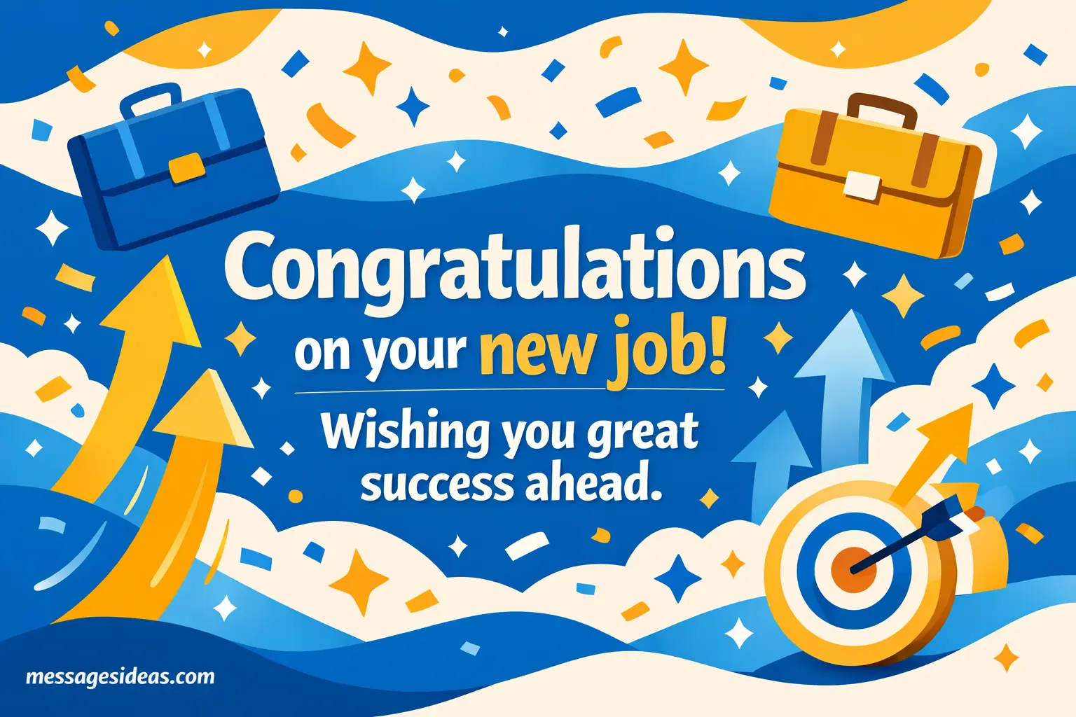 Colorful vector illustration celebrating a new job achievement with bold congratulatory quote and success-themed design elements.