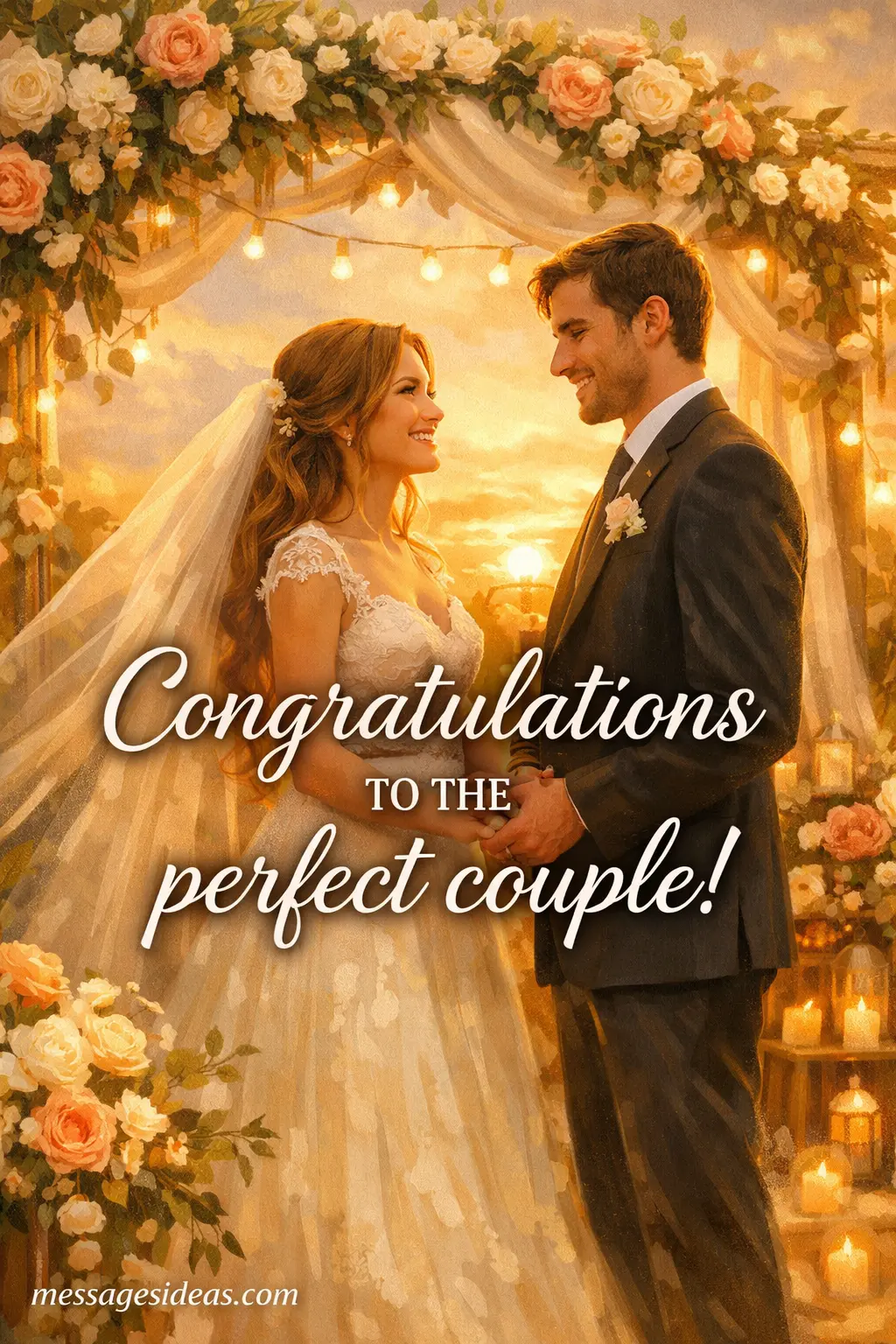Romantic wedding illustration of a bride and groom under a floral arch celebrating love with the quote congratulating the perfect couple.