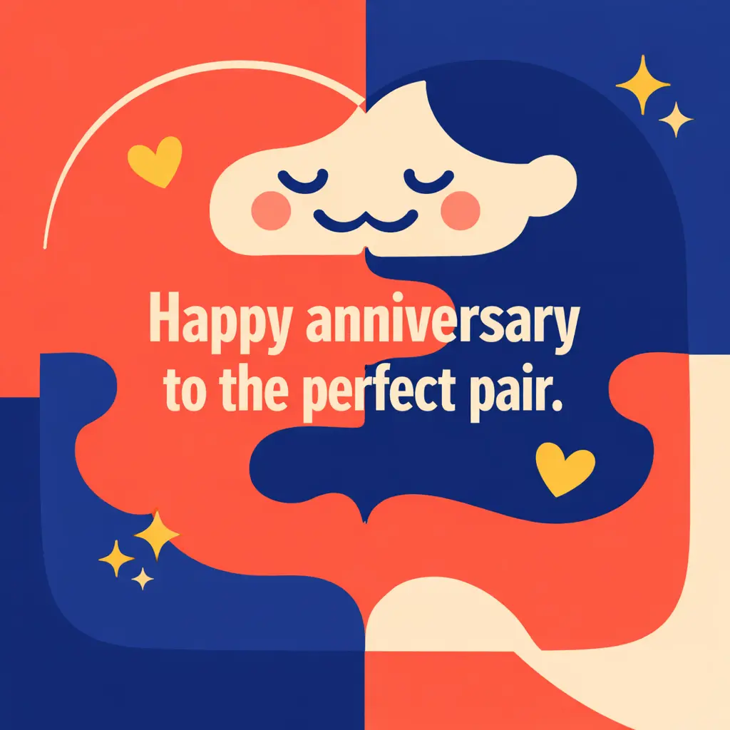 Minimal vector design showing two perfectly fitting shapes symbolizing harmony in a relationship, with a simple anniversary quote celebrating the perfect pair.