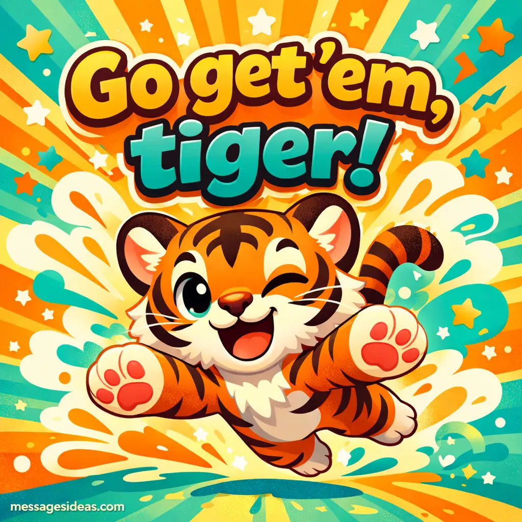 Playful cartoon tiger illustration with energetic background and motivational quote Go get 'em tiger conveying confidence and excitement