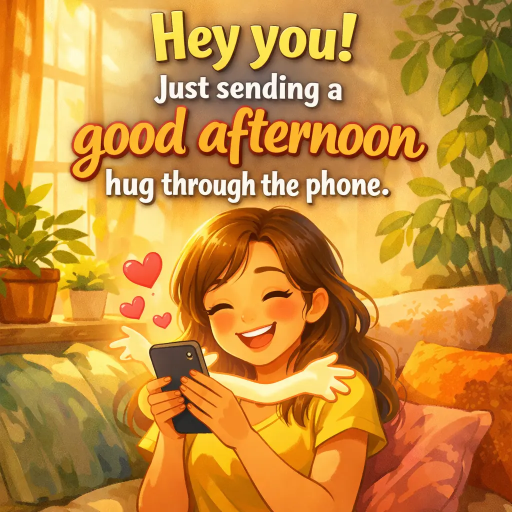Cheerful illustrated scene of a woman smiling at her phone while receiving a playful good afternoon hug message sent digitally.