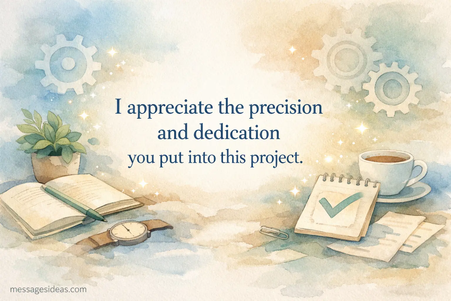 Soft watercolor-style workspace illustration emphasizing focus and professionalism with a detailed appreciation quote about precision and dedication.