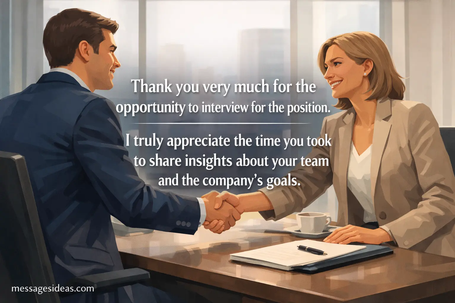 Semi-realistic handshake scene inside a modern office representing a job interview, highlighting a thank you message that expresses appreciation for the opportunity and company insights.