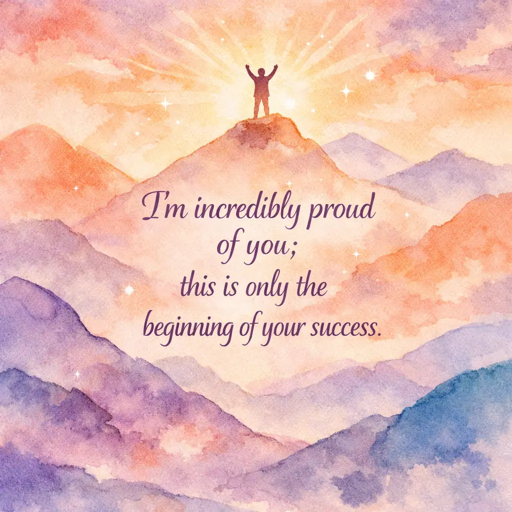 Soft watercolor mountain illustration symbolizing pride and new beginnings with an inspiring success quote.