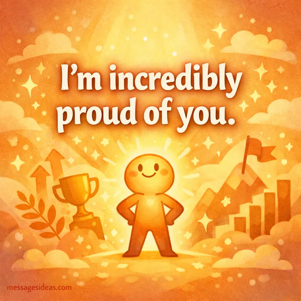 Warm illustrated scene showing a glowing character representing pride and encouragement with the quote I'm incredibly proud of you in bold typography.