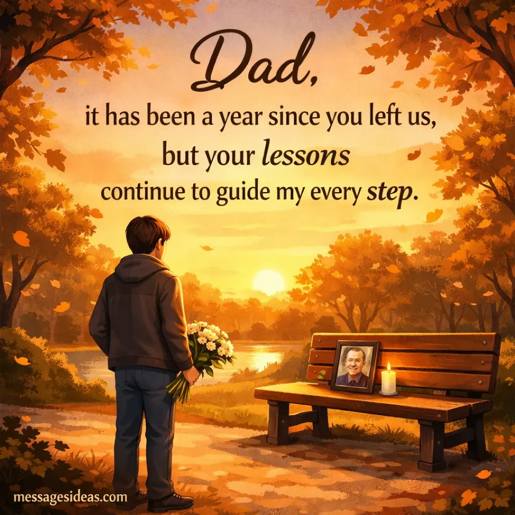 Emotional illustrated scene of someone remembering their father in a quiet park at sunset, reflecting on the quote about a dad’s lessons continuing to guide life even after one year.
