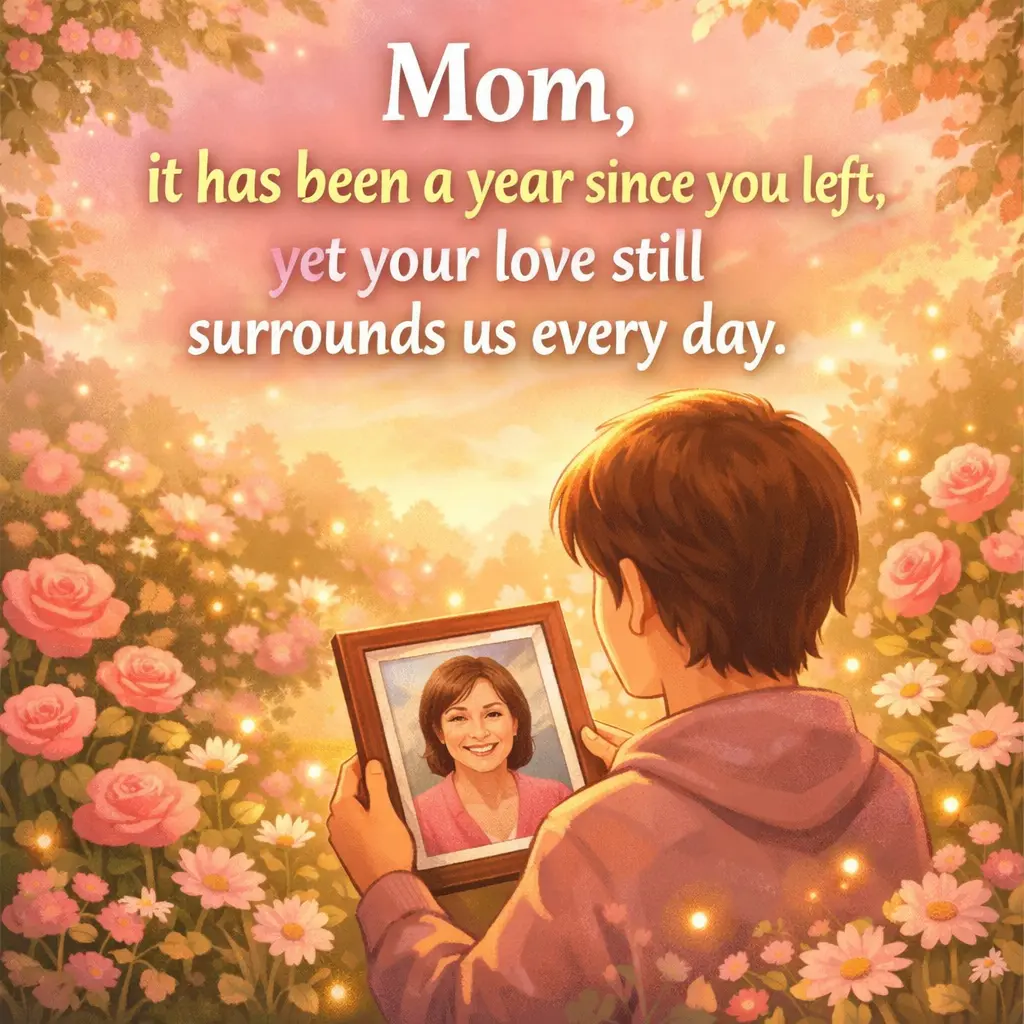 Gentle memorial garden illustration symbolizing enduring maternal love and remembrance, accompanying the quote about a mother’s love still surrounding the family one year later.