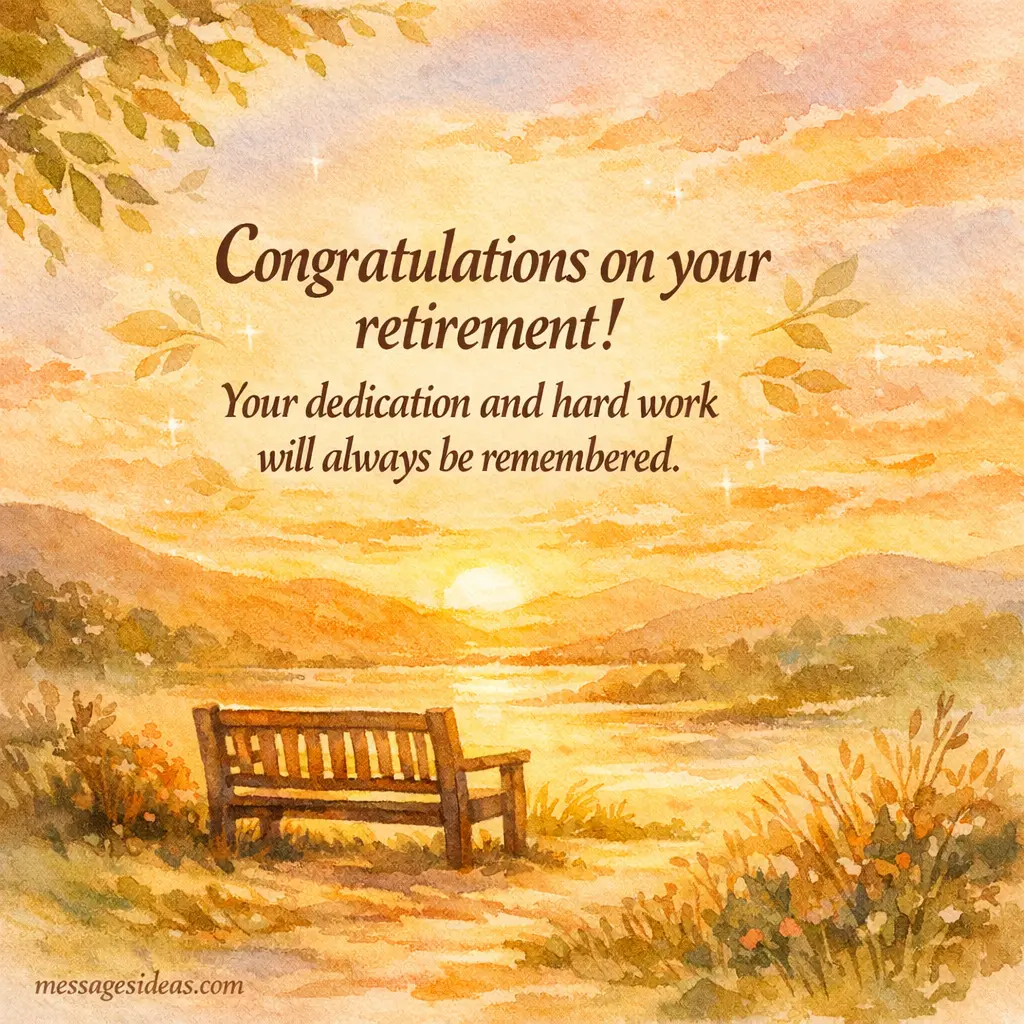 Warm watercolor retirement scene with sunset and bench illustrating appreciation for a colleague’s dedication and long career with a heartfelt retirement message.