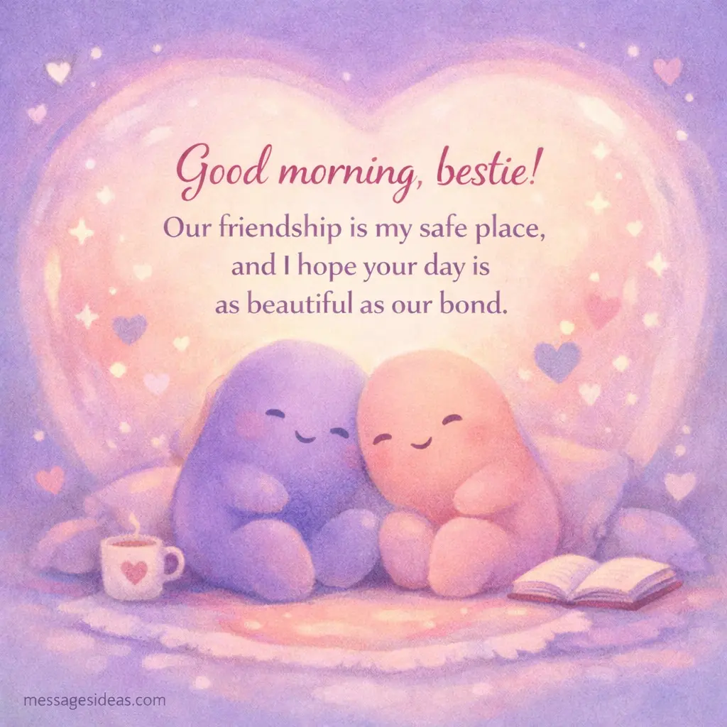 Pastel cozy illustration showing friendship as a safe space with warm tones and a touching good morning message about strong emotional bonds.