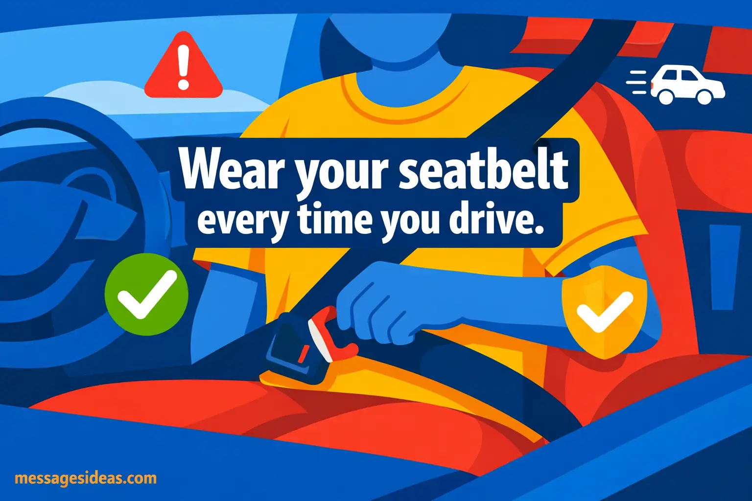 Colorful vector illustration of a driver fastening a seatbelt highlighting road safety awareness with a clear reminder message about always wearing a seatbelt while driving.