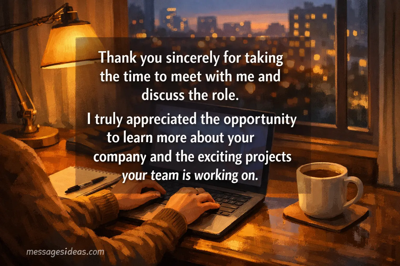 Cozy illustrated workspace with a person writing a follow-up message on a laptop, symbolizing sincere appreciation after an interview and excitement about company projects.