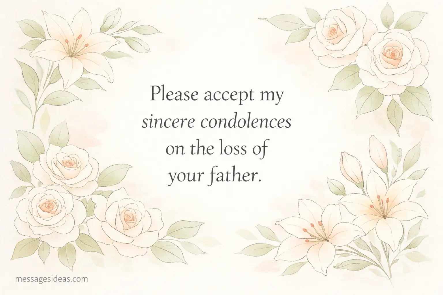 Elegant floral illustration with sincere condolence quote expressing sympathy for the loss of a father in a gentle respectful tone