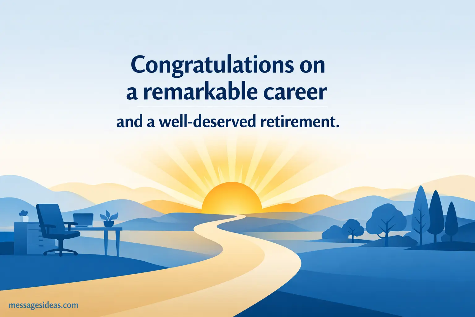 Minimal vector path leading to sunrise symbolizing a successful career journey and celebrating a well-earned retirement milestone.