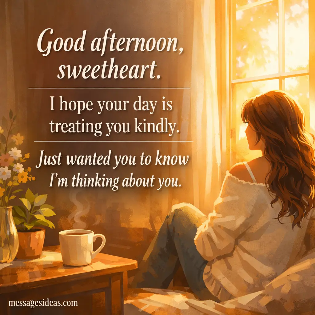 Romantic illustrated afternoon scene with warm sunlight and a thoughtful message expressing love and appreciation while thinking about someone special during the day.