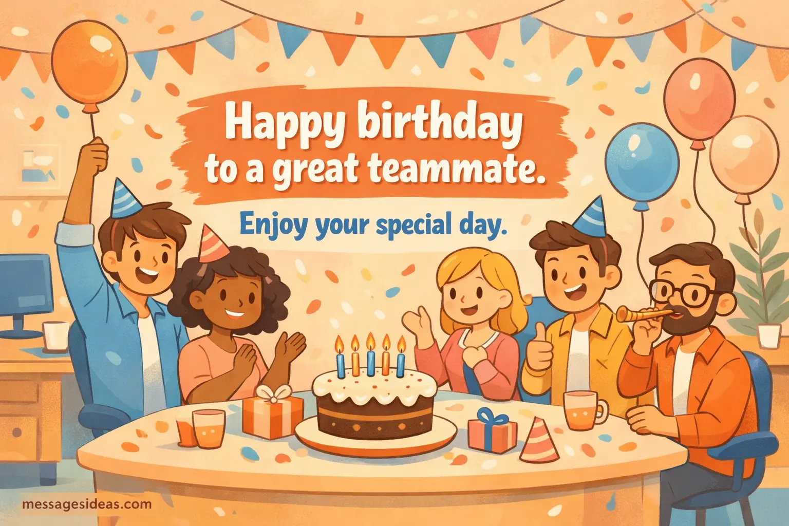 Soft illustrated team birthday scene with friendly cartoon characters celebrating a teammate’s special day in a warm office environment