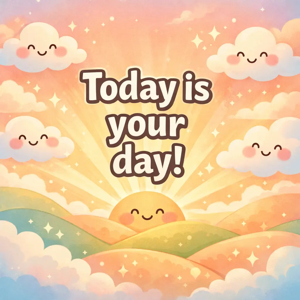 Cute sunrise illustration with uplifting quote Today is your day in bold typography, symbolizing motivation and a fresh positive start