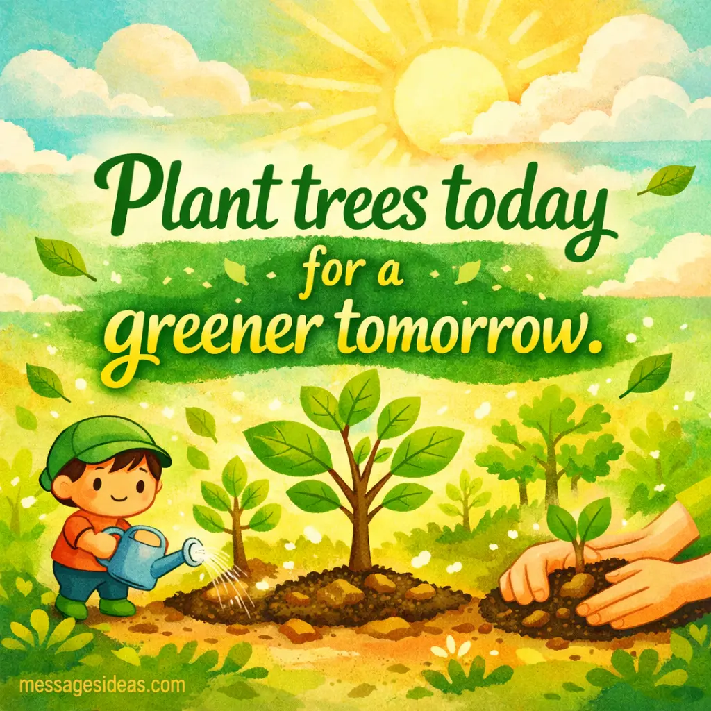 Bright eco-themed illustration of planting trees with growing greenery and sunlight symbolizing environmental responsibility and promoting a greener future through tree planting.