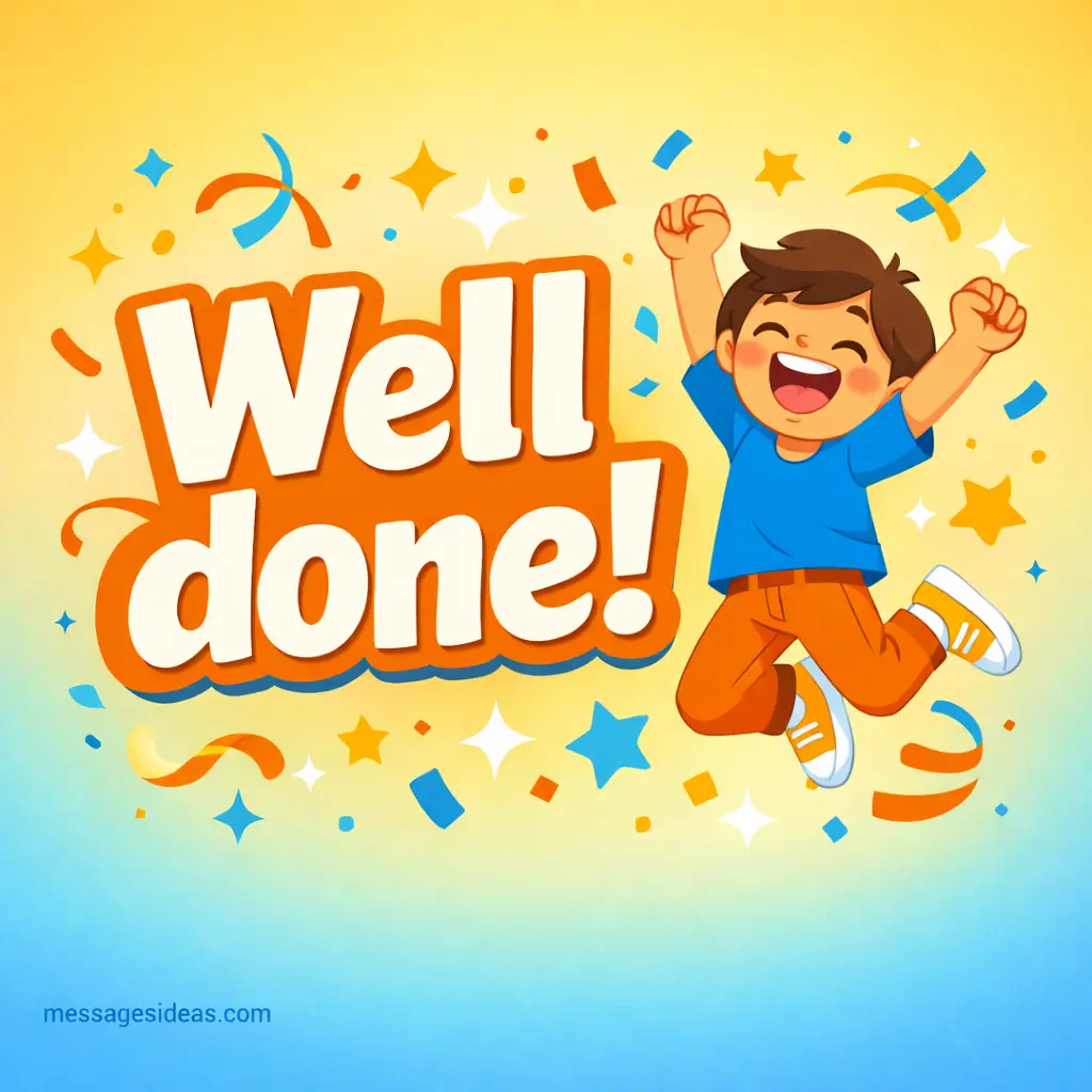Bright cartoon-style illustration with celebratory elements and bold “Well done!” text highlighting achievement and praise in a cheerful design.