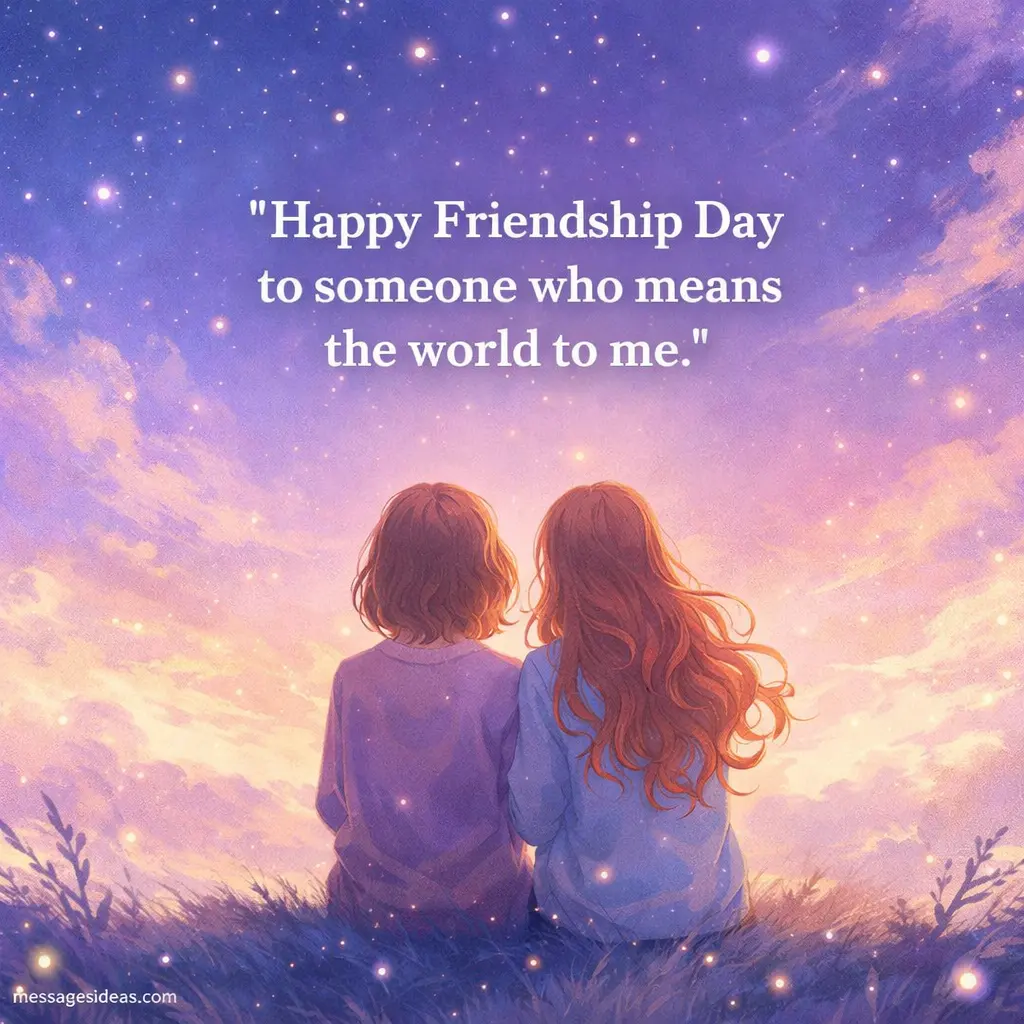 Soft dreamy illustration of two friends under a glowing sky, expressing a heartfelt Friendship Day message about someone who means the world.