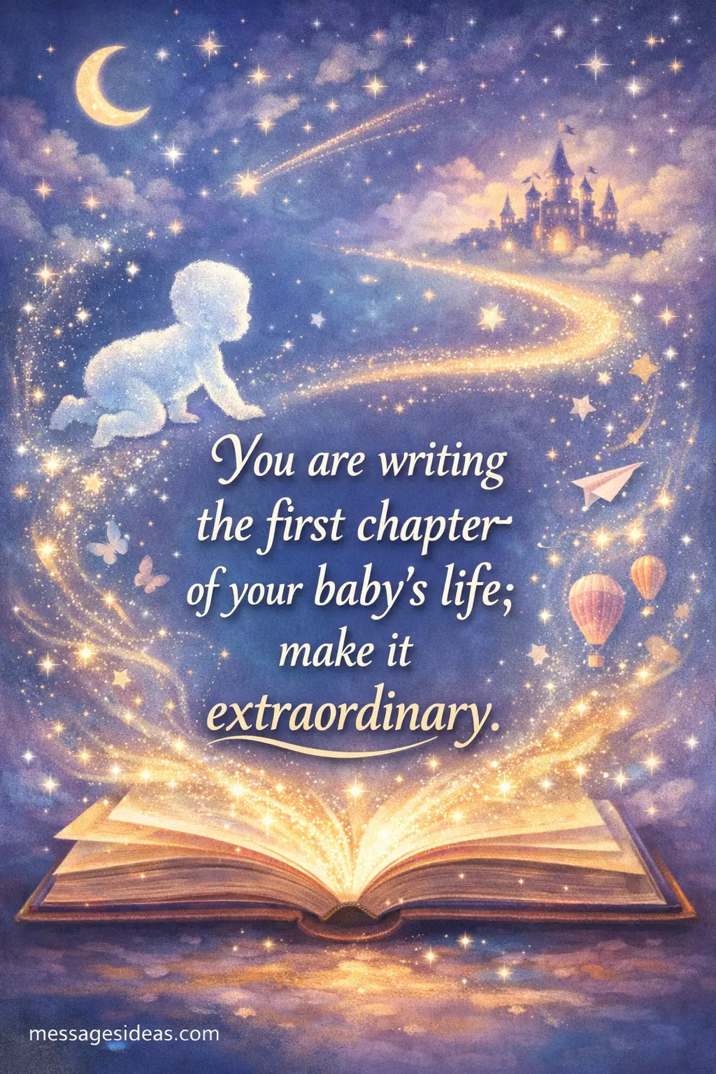 A magical storybook-inspired illustration representing the beginning of a baby’s life journey, featuring an inspirational quote about shaping their future.