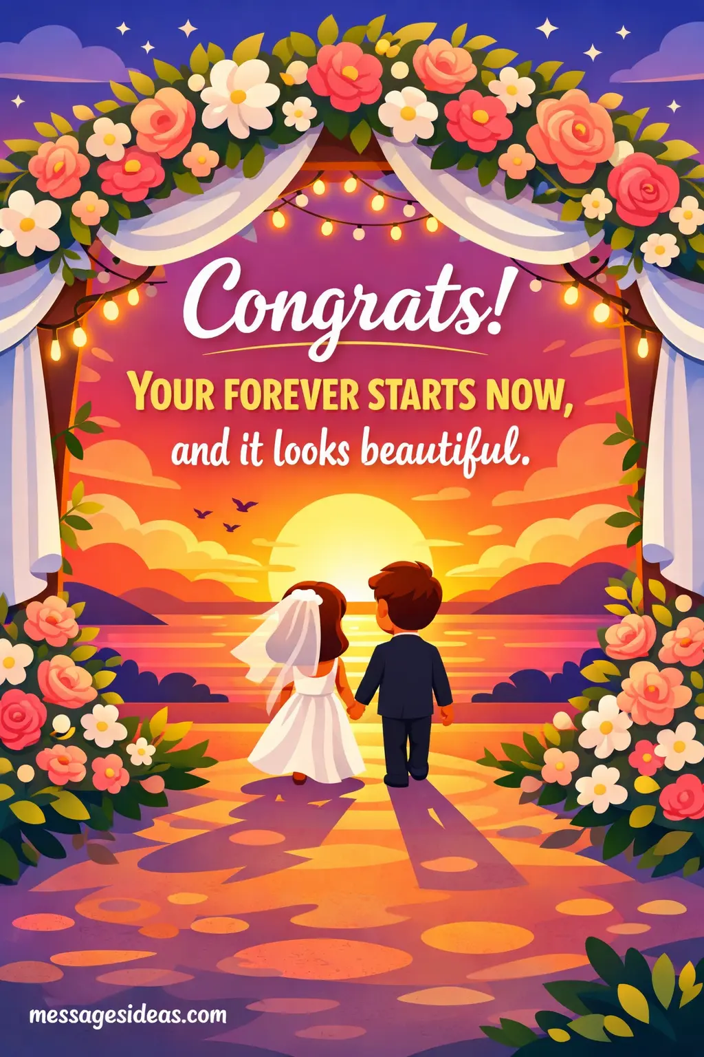 A colorful vector wedding scene with a couple walking into the sunset, highlighting a quote about beginning a beautiful lifelong journey together.