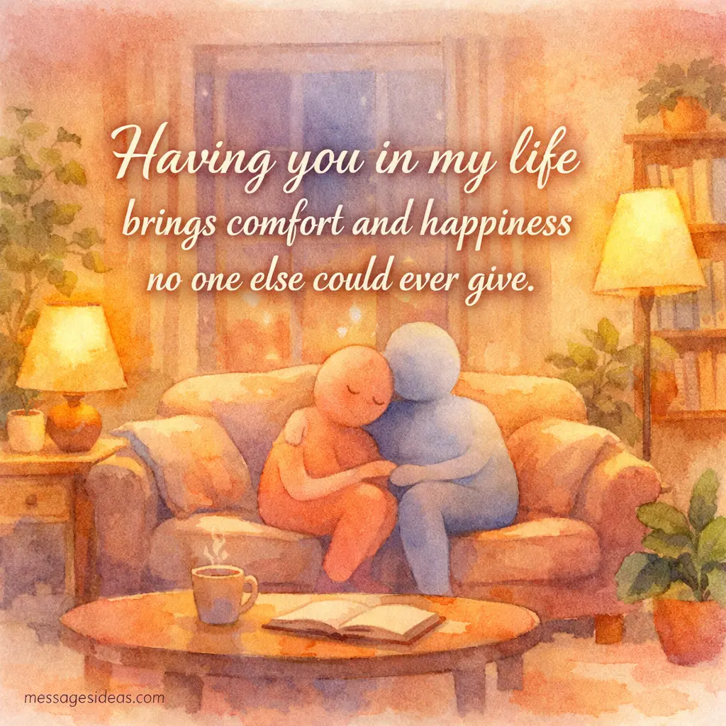 A cozy illustrated living room scene representing love and comfort with a heartfelt quote about happiness and emotional security in a relationship.