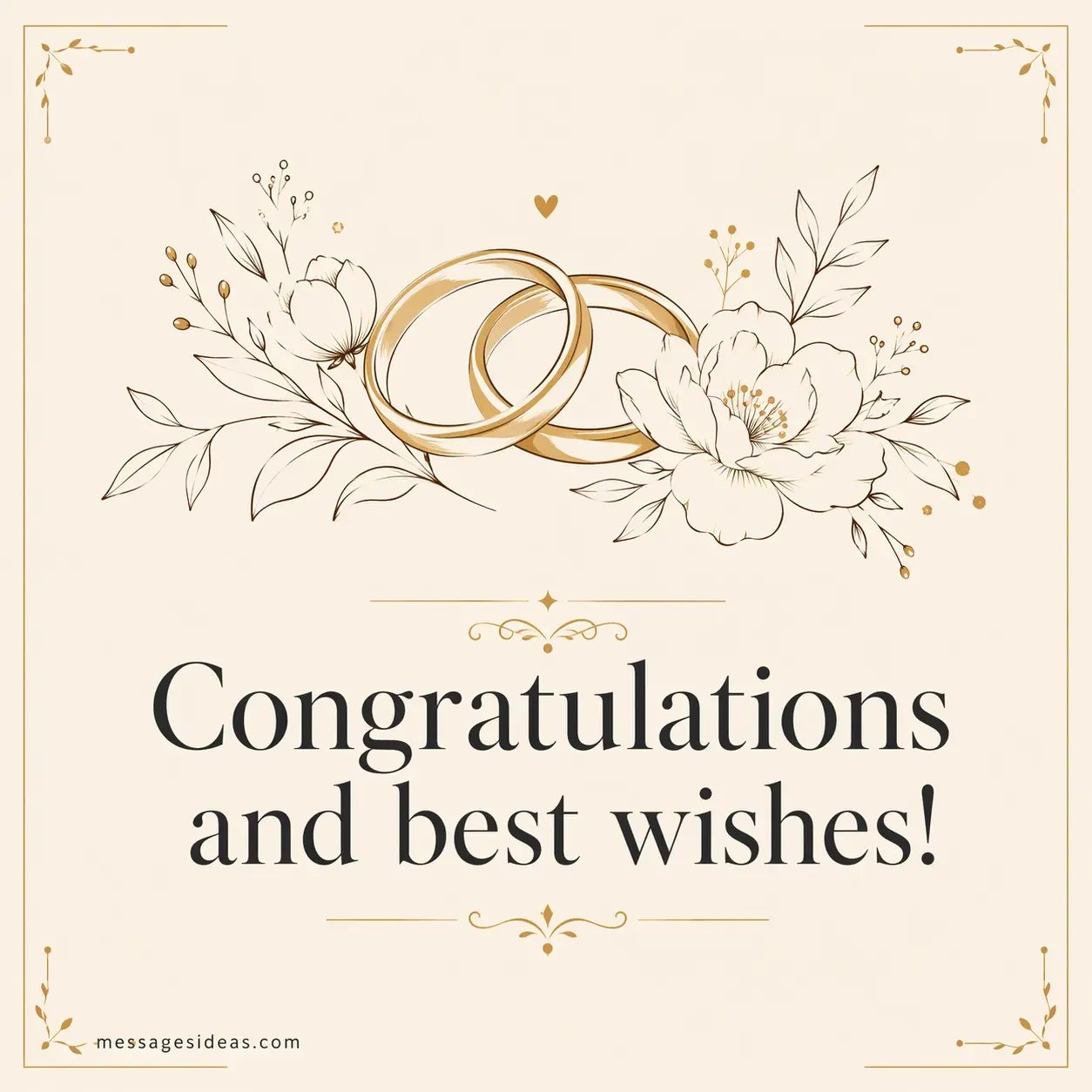 A minimal elegant design with wedding rings and floral line art, symbolizing congratulations and best wishes for a newlywed couple.