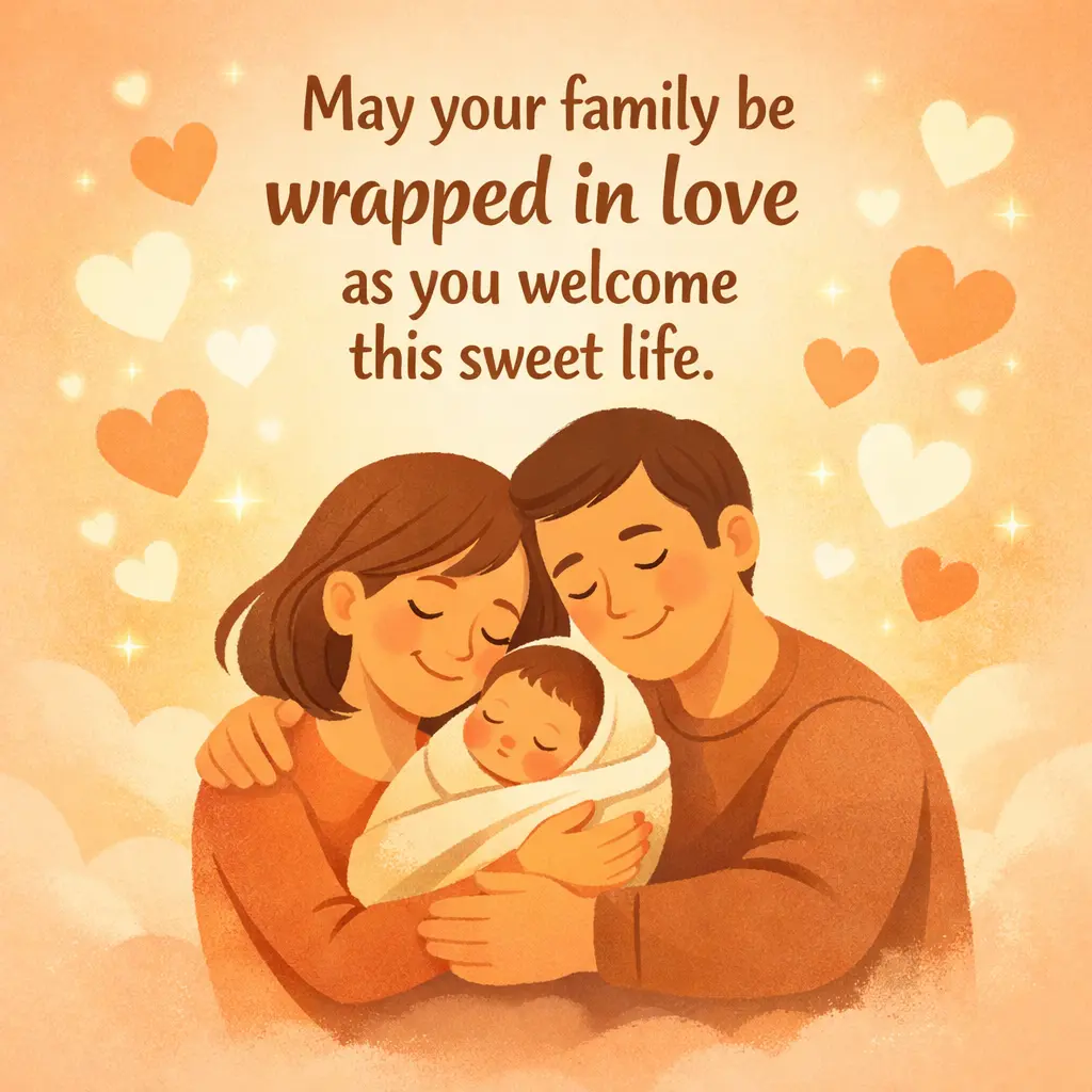 A warm family-themed illustration showing love and unity while welcoming a newborn, highlighting an emotional quote about family bonding.