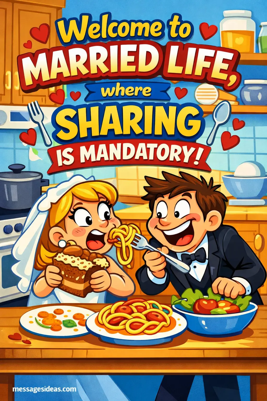 A fun cartoon kitchen scene of a couple sharing food, visually expressing a humorous take on married life and shared responsibilities.