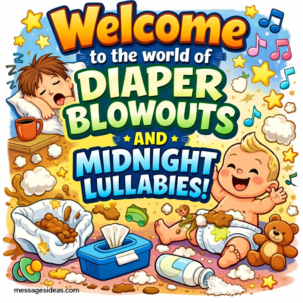 A playful cartoon depiction of new parent life with humorous baby elements, paired with a funny quote about diapers and sleepless nights.