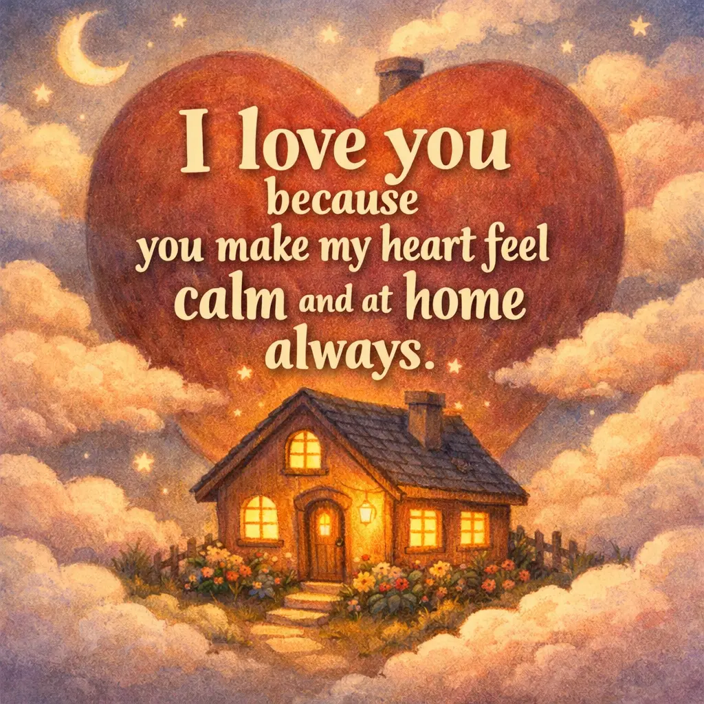 A warm illustrated heart-shaped home scene representing emotional peace and love with a quote about feeling at home with someone special.