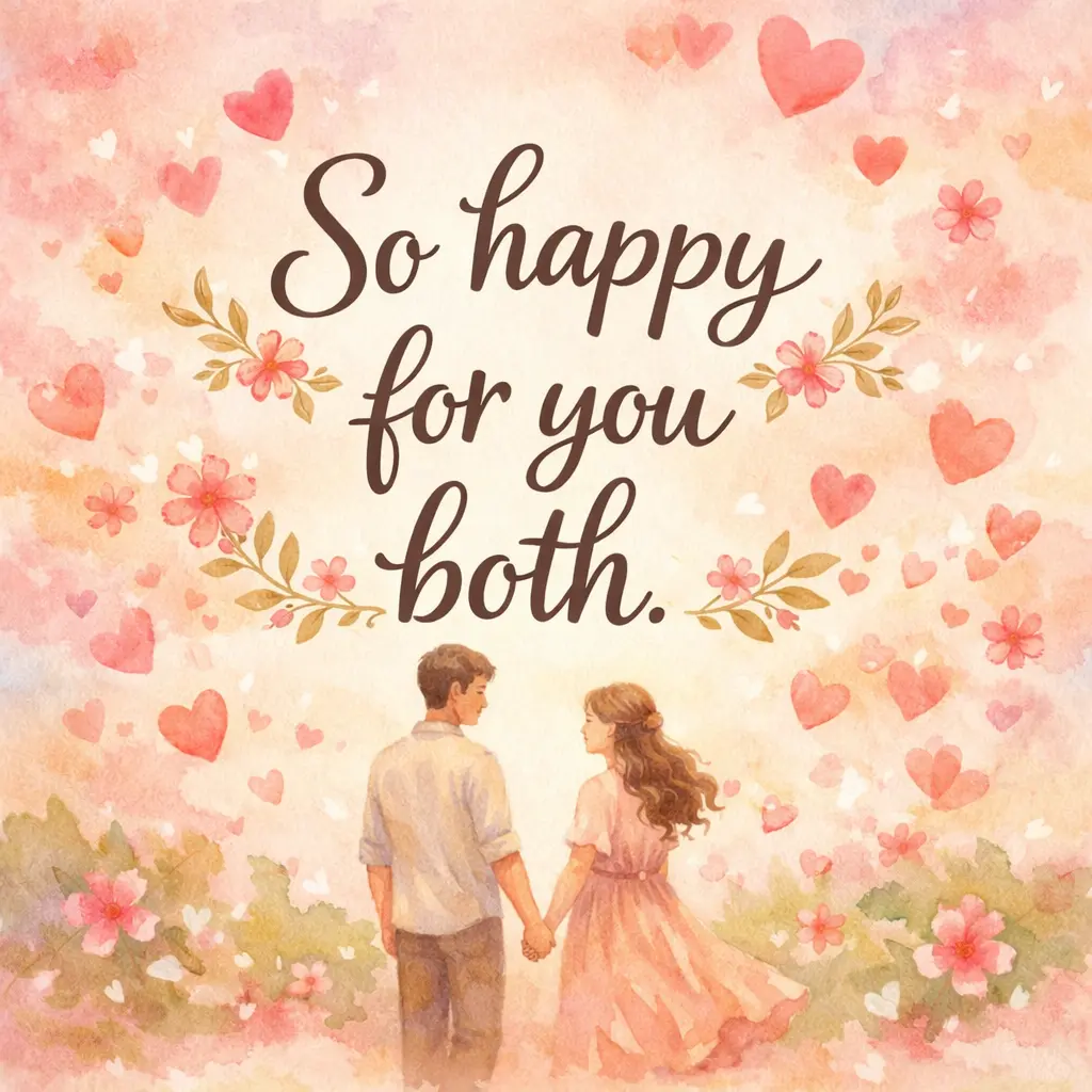 A soft watercolor illustration of a happy couple with hearts and flowers, featuring the quote expressing joy and happiness for a newly married couple.