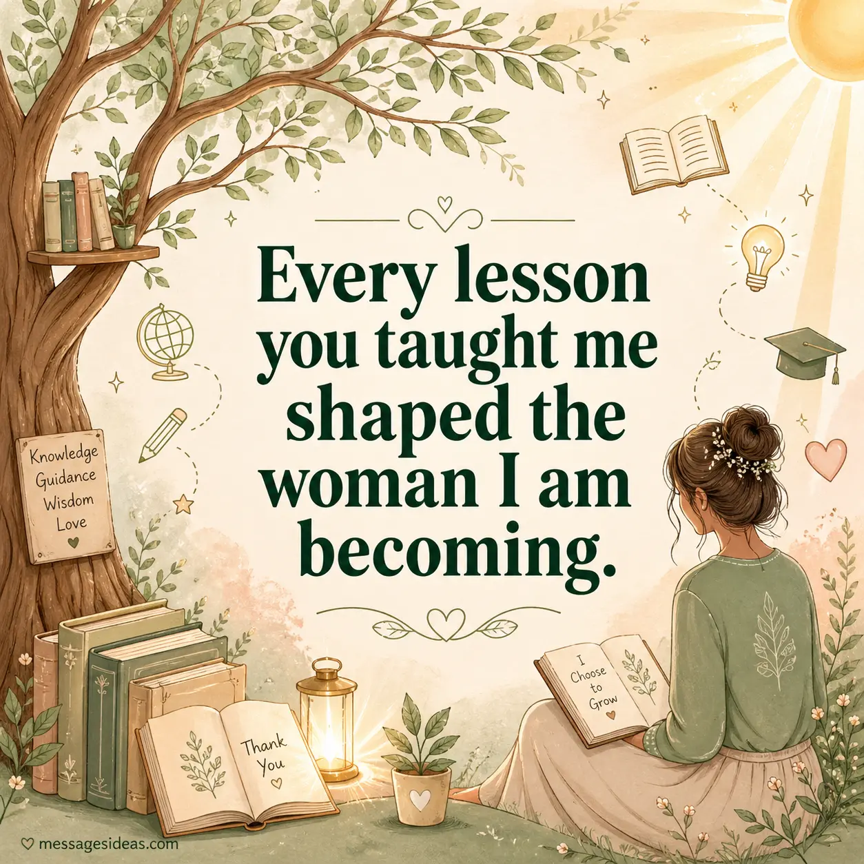 A pastel illustration of a growing tree with learning symbols, representing how a mother’s lessons shape personal growth and identity.