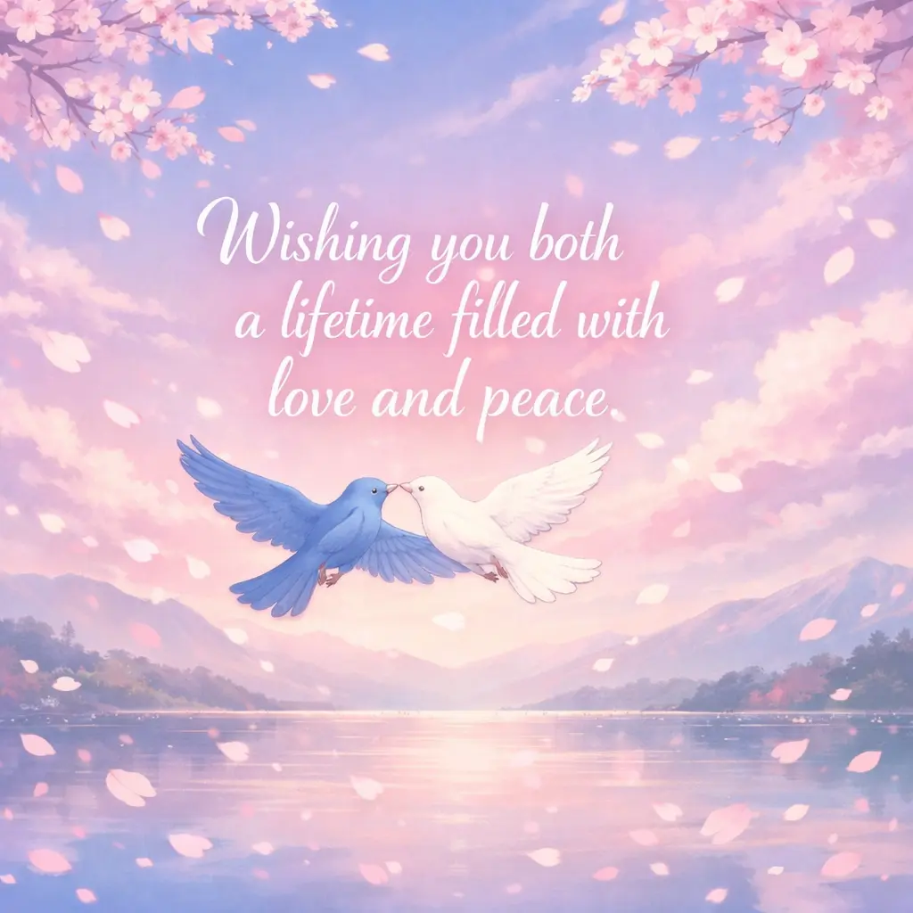 A peaceful anime-style illustration with birds and cherry blossoms, representing a heartfelt wish for a lifetime of love and tranquility in marriage.