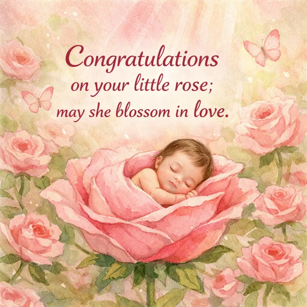 A soft watercolor rose garden illustration symbolizing a baby girl, paired with a heartfelt quote about love and growth.