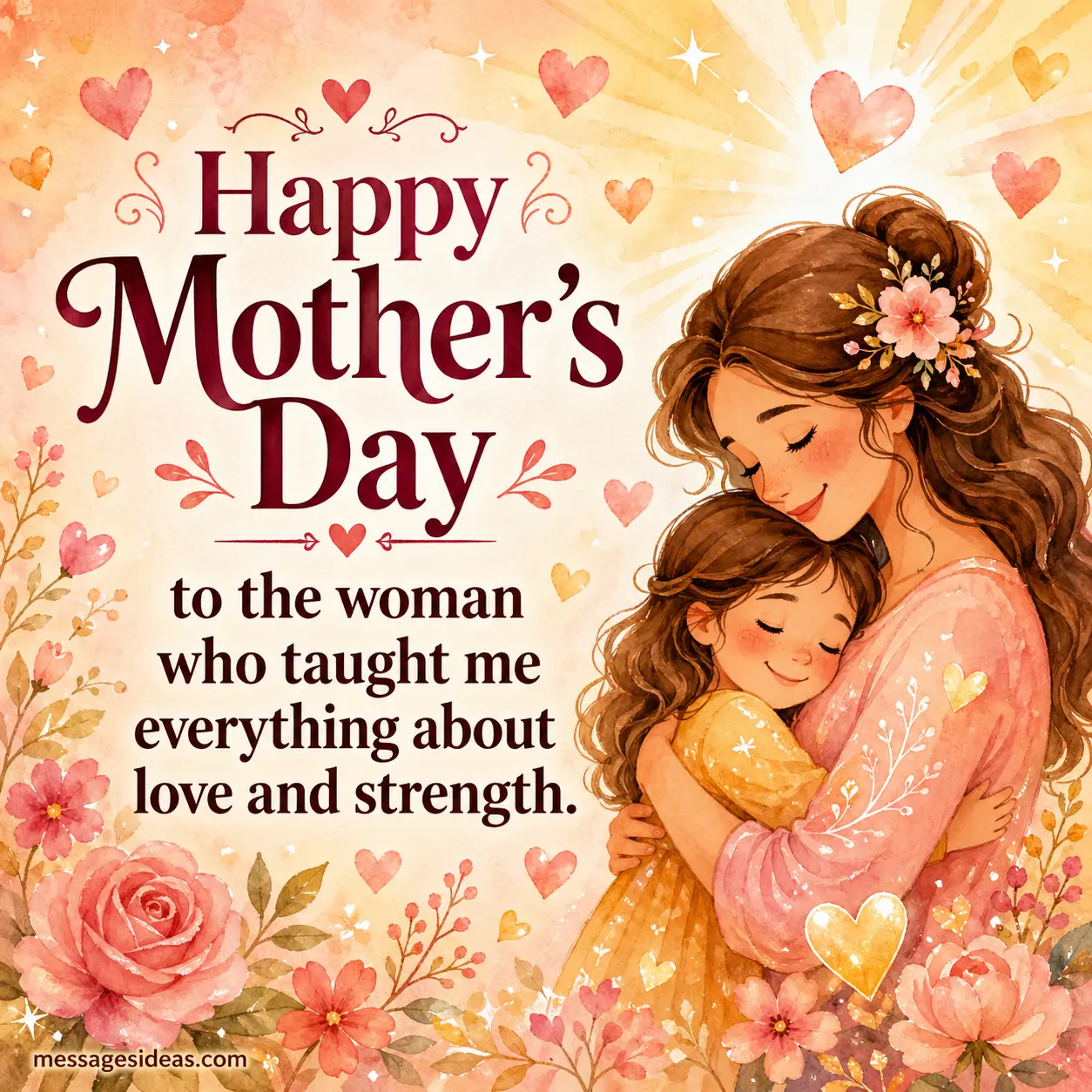 A soft watercolor illustration of a loving mother figure with glowing hearts, representing appreciation and gratitude for her strength and love on Mother's Day.