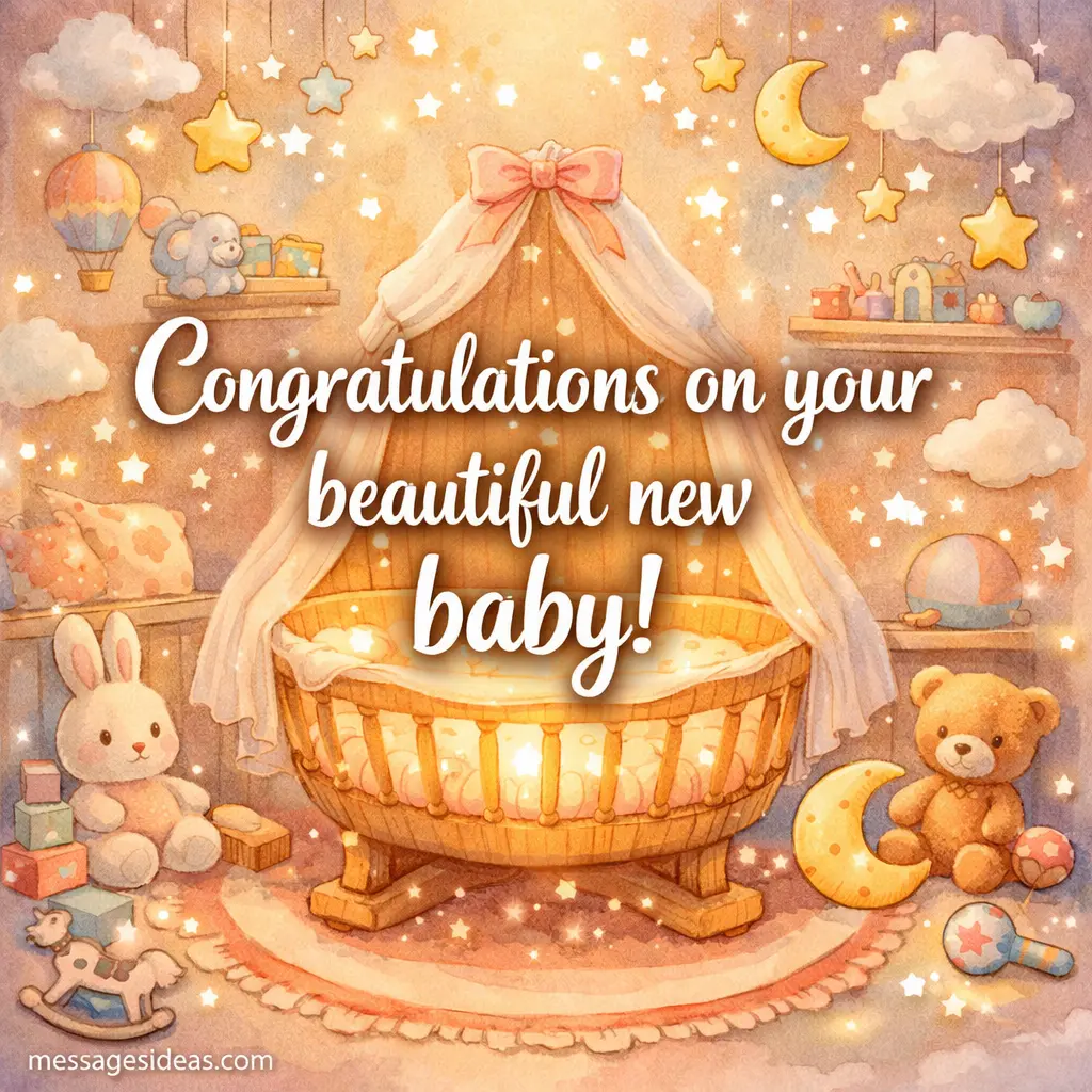 A cheerful illustrated nursery scene with a glowing cradle and joyful elements, featuring a congratulatory quote celebrating a newborn baby.