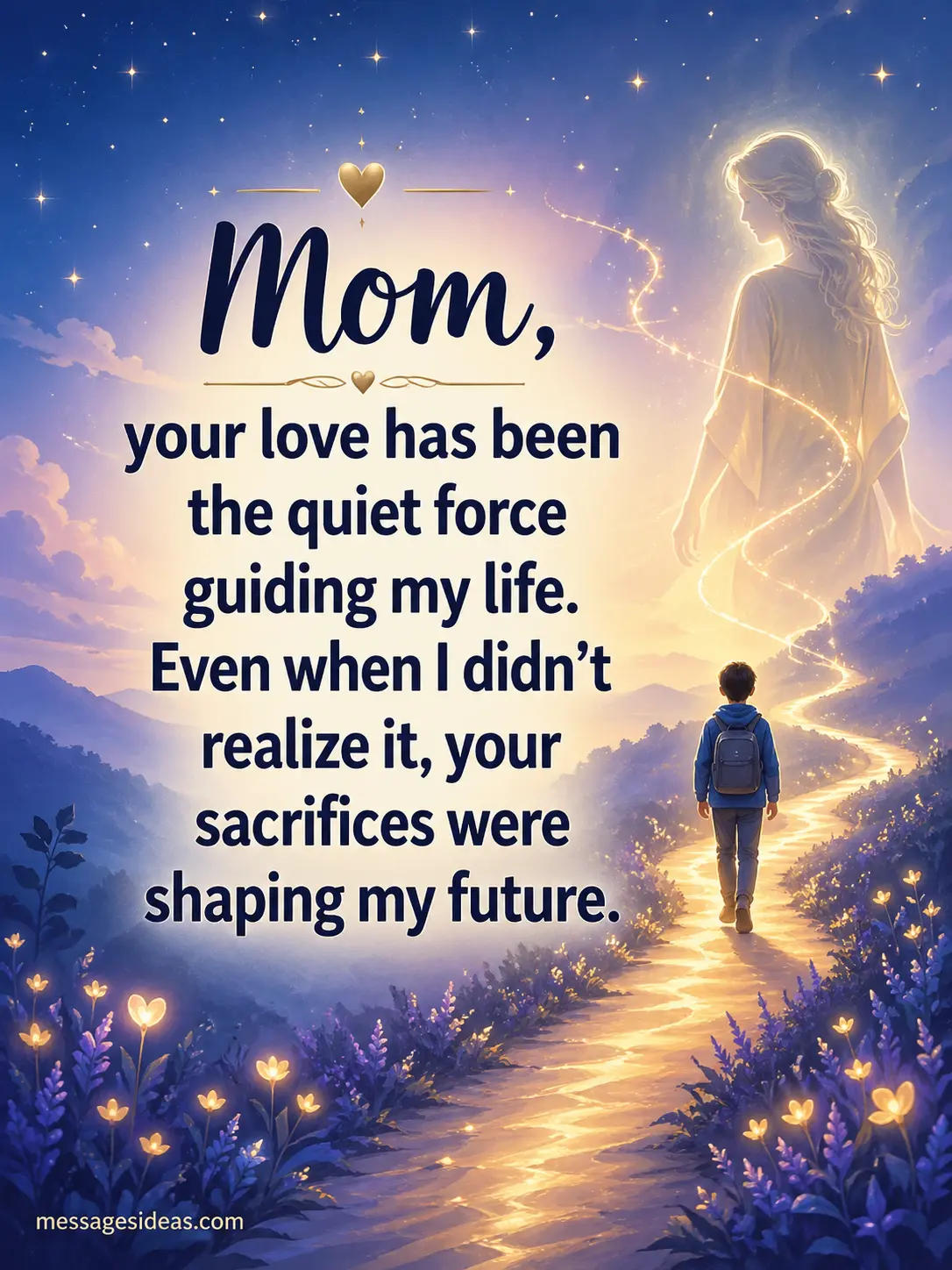 A calming digital painting of a guiding light and symbolic path, illustrating a mother's unseen sacrifices and lifelong emotional support.