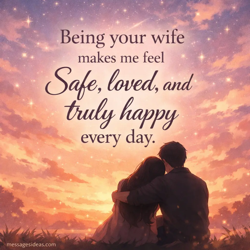 A romantic pastel illustration of a couple under a glowing sky expressing feelings of safety, love, and happiness in marriage.