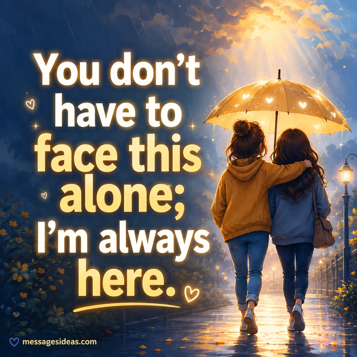 Soft illustrated emotional support scene of friends walking together under an umbrella with a comforting quote about never facing struggles alone.
