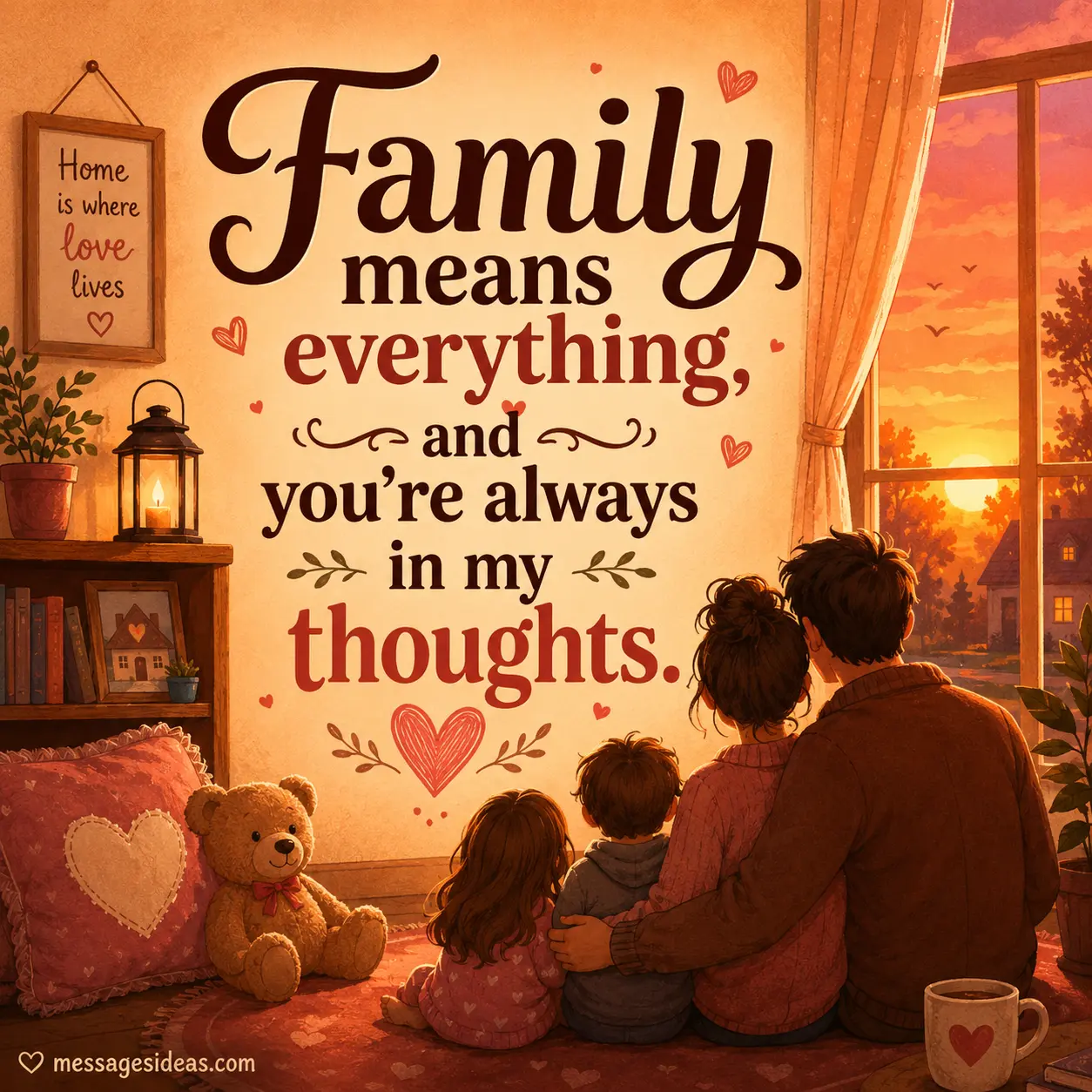 Cozy family-themed illustrated sunset home scene with warm emotional atmosphere and thoughtful quote about family always being in your thoughts.